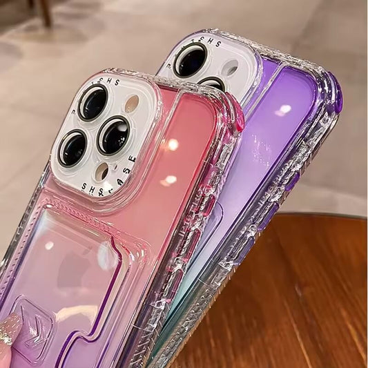 For iPhone 16 Plus Wallet Card Slot Back Shockproof Phone Case for iPhone 13 14 15 16 Pro Max Clear Luxury Gradient Color Cover