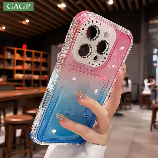 For iPhone 16 Plus Wallet Card Slot Back Shockproof Phone Case for iPhone 13 14 15 16 Pro Max Clear Luxury Gradient Color Cover