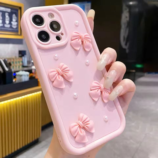 Korean 3D Bowknot Pearl Silicone Phone Case For iPhone 16 15 14 13 12 11 Pro Max XR XS X Max 16E 7 8 Plus Shockproof Soft Cover