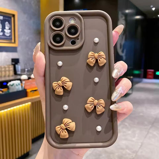 Korean 3D Bowknot Pearl Silicone Phone Case For iPhone 16 15 14 13 12 11 Pro Max XR XS X Max 16E 7 8 Plus Shockproof Soft Cover